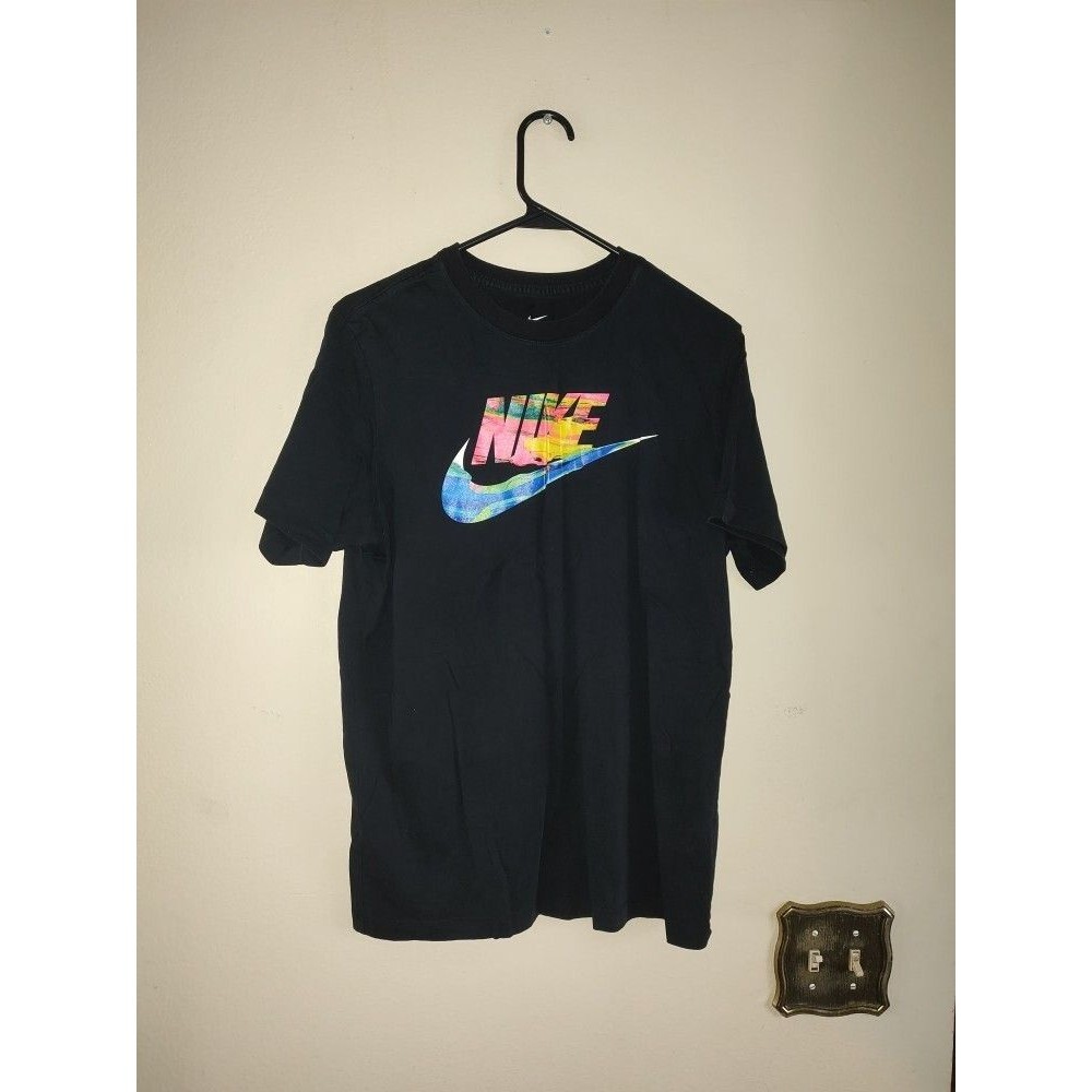 Men's Nike Brushstroke Multicolor Logo Black Cotton T Shirt Size M